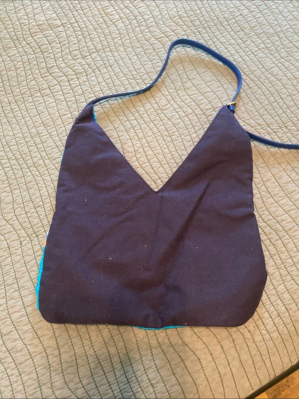 Crochet Tote Bag in Teal, Orange, Navy & Cream - Picture 2 of 3